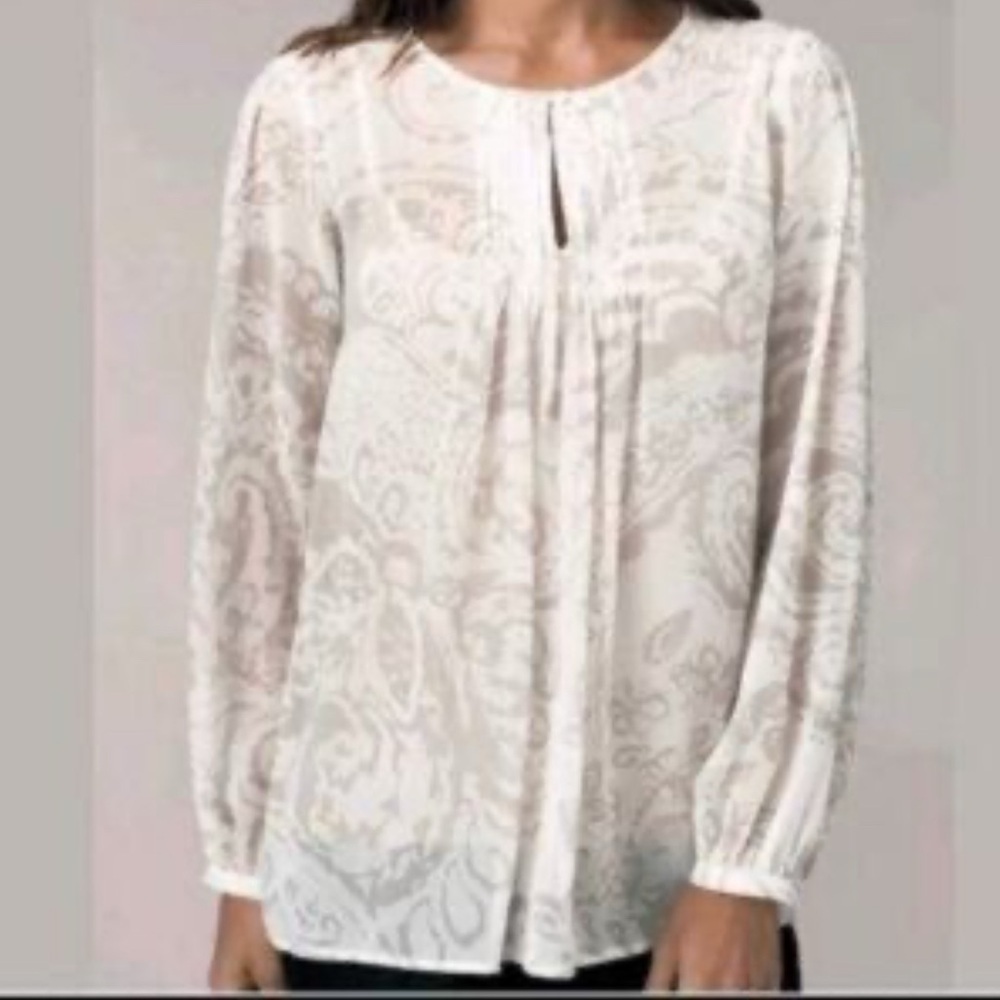 Cabi Woman’s Pleated Sheer Long Sleeved Blouse, Cream, Size M